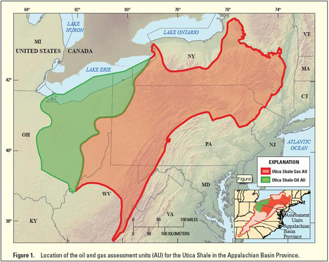 A map of the Utica shale showing the two assessment units: the continuous oil unit, which encompasses parts of Ohio and Pennsylvania; and the tight gas unit, which encompasses parts of Virginia, West Virginia, Maryland, Ohio, Pennsylvania, and New York.