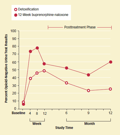 line graph showing increased effectiveness of buprenorphine-naloxone treatement over detoxification