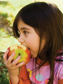 photo of a young girl eating an apple.