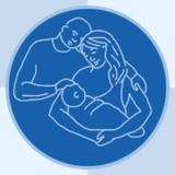woman holding baby with a man watching illustration 