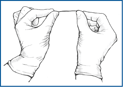 Illustration of floss between the thumb and index finger of both hands.