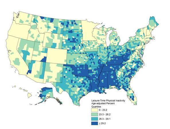 A map of the United States shows county-level estimates of leisure-time physical inactivity in quartiles.  County-level estimates of age-adjusted rates of leisure-time physical inactivity ranged from 10.1% to 43.0%.  Counties in the highest quartiles (29.2% or greater) were located primarily in Appalachia and the South.  Counties in the lowest quartiles (23.2% or lower) were located primarily in Western states and some Northeastern states.
