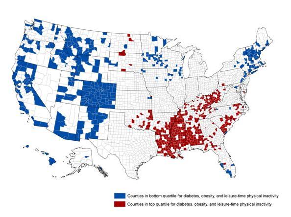 A map of the United States shows counties in the top quartiles for diabetes, obesity and leisure-time physical inactivity, and counties in the bottom quartiles for diabetes, obesity and leisure-time physical inactivity. Counties in the top quartiles for diabetes, obesity and leisure-time physical inactivity were located primarily in the Appalachian and southern states.  Counties in the bottom quartiles for diabetes, obesity and leisure-time physical inactivity were located primarily in the western states and some northeastern states.