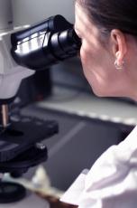 Photograph of a female scientist looking through a microscope