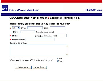 Screen shot of email ordering site