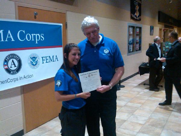 Vinton, Iowa, Sep. 28, 2012 -- I stopped for a photo with Amelia Rubin, who provided an inspiring speech at the induction ceremony of the inaugural FEMA Corps class from Vinton, Iowa. 