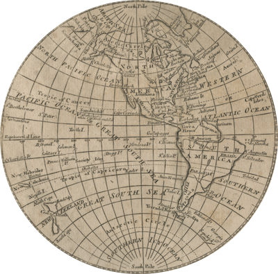 Oval map of the world detailing the American hemisphere from the north pole to the south pole.