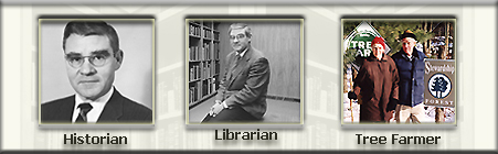 John Ballard Blake, PhD banner featuring three images and captions for the different sections of the website. John Blake, historian, librarian, and tree farmer.