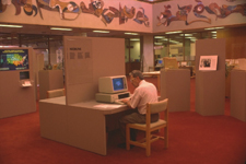 A library patron sitting at a computer workstation beneath the rotunda of the National Library of Medicine  (building 38).