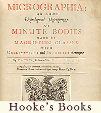 A portion of the title page of Robert Hooke's Micrographia with the words Hooke's Books underneath in brown letters.
