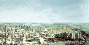 Colored drawing of a colonial town with two ships at anchor outside the town. Kenmore Diorama of Colonial Fredericksburg courtesy of Fredericksburg, Virginia Department of Tourism.