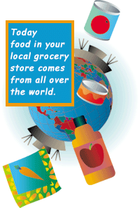 Various packaged foods, an image of the earth and the text: Today food in your local grocery store comes from all over the world.