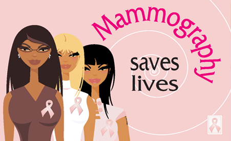 Cartoon picture of three women wearing pink ribbons. Header: Mammography Saves Lives
