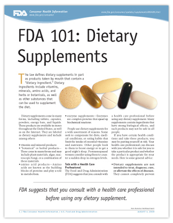 Cover page of PDF version of this article, including photo of dietary supplement capsules, pills, and tablets.