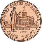 Coin image shows Lincoln standing outside the Illinois legislature, surrounded by the standard one-cent reverse inscriptions.