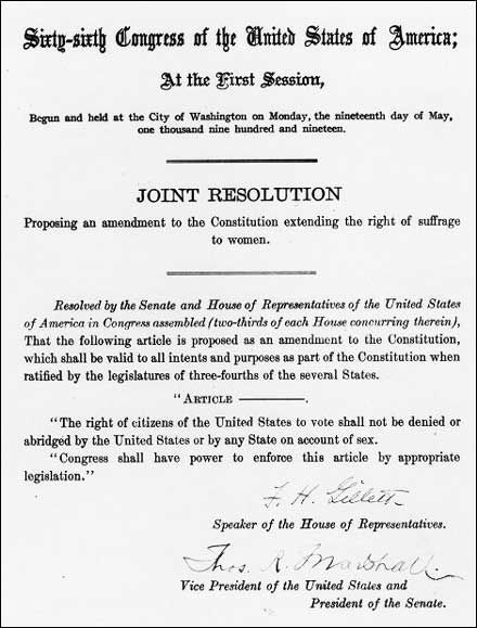 House Joint Resolution 1 proposing the 19th amendment to the states