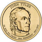 Image of Presidential $1 coin shows John Tyler, his name, and the dates he held office: 1841 to 1845.
