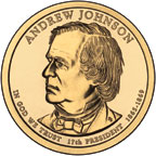 Front of coin shows a bust of Andrew Johnson, 17th president, 1865 to 1869.