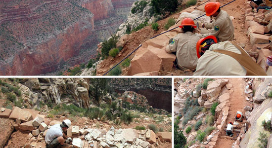 Three photos of workers repairing the South Kaibab Trail in the Grand Canyon National Park.
