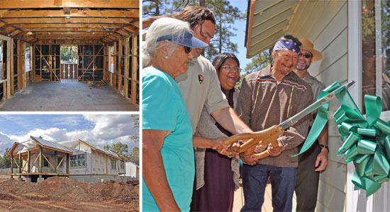 Three photos depicting construction of six new homes at the Supai Camp and the ribbon cutting ceremony for the new houses.