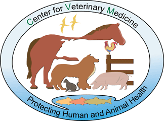 CVM logo which includes farm animals (horse, cow, chicken, dog, cat, pig) of various colors standing together by a fence with birds above and fish below