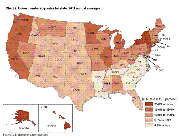 Union membership rates by state, 2011 annual averages
