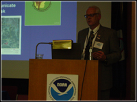 FEMA Regional Administrator Ken Murphy stresses the need for comprehensive pre-disaster mitigation measures to save lives, minimize property loss and speed economic recovery in the wake of devastating disasters at the 21 October 2011 West Coast Tsunami Conference in Seattle. FEMA Newsphoto//Mike Howard