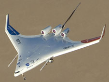 The X-48B blended wing body research aircraft performing flight test at NASA's Dryden Flight Research Center.