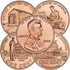 Image shows the four 2009 reverses and the obverse of the penny.