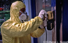 Photograph of a man removing lead paint from the outside of a house