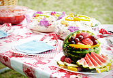 A summer picnic is set up with fruit and salads. 