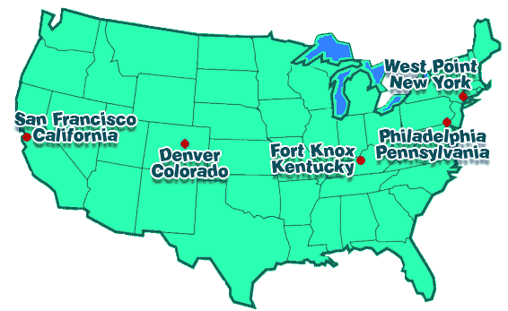 Image shows a map of the continental United States and the location of five United States Mint facilities.