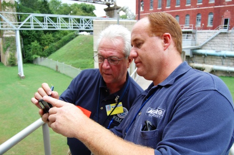 FEMA Hazard Mitigation Specialist and Metro Water Services Industrial Maintenance Supervisor capture GPS coordinates at sites around Nashville's historical Omohundro Treatment Plant. 