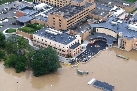 A floodwall, built with hazard mitigation funds from FEMA and NY State protected this property from flood waters that devastated other parts of the city, even as rising water from the Susquehanna River engulfed the hospital’s parking lot during Tropical Storm Lee.