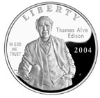 Obverse and Reverse (on mouse-over) of the Thomas Edison Silver Dollar