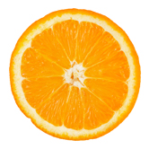 An orange, sliced in half.