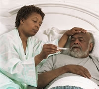 Photo of a woman checking her husband's temperature