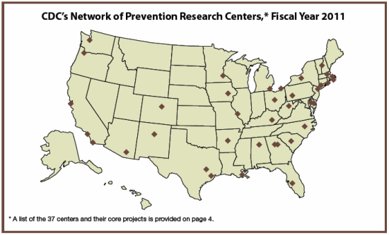 CDC's network of Prevention Research Centers, Fiscal Year 2011. Map of the United States showing the locations of 37 centers and their core projects. See the section, Prevention Research Centers Core Projects, below for a complete list of centers and their core projects.