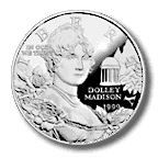 Obverse and reverse of Dolley Madison commemorative silver dollar.