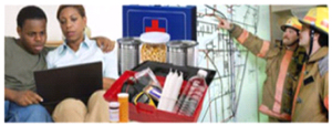 Picture montage of A family, emergency preparedness supplies and first responders