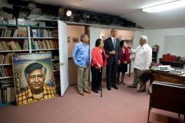 President Barack Obama views the office of César Chávez before the dedication ceremony for the César E. Chávez National Monument in Keene, Calif., Oct. 8, 2012. Pictured with the President, from left, are: Arturo S. Rodriguez, President, United Farm Workers; Helen Chávez, César Chávez' widow; Dolores Huerta, Co-Founder of the United Farm Workers; and Paul F. Chávez, César Chávez' son and President of the César E. Chávez Foundation. (Official White House Photo by Pete Souza)