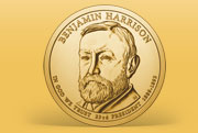 Image shows the front of the Harrison Presidential $1 Coin.