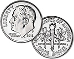 Roosevelt Dime. Obverse depicts a portrait of Roosevelt. Reverse depicts a torch, an olive branch, and an oak branch.