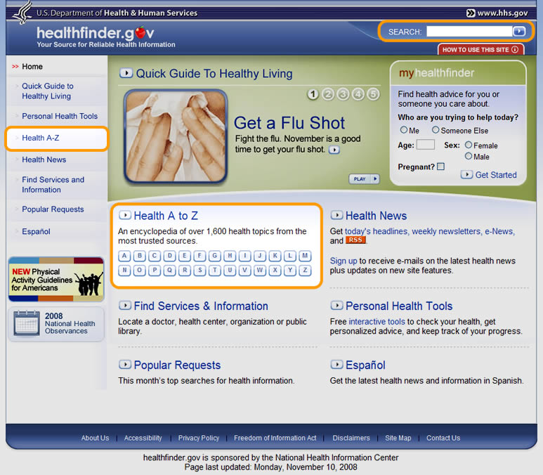 healthfinder.gov home page with highlight outlining two search options: Health A-Z links and global text search form