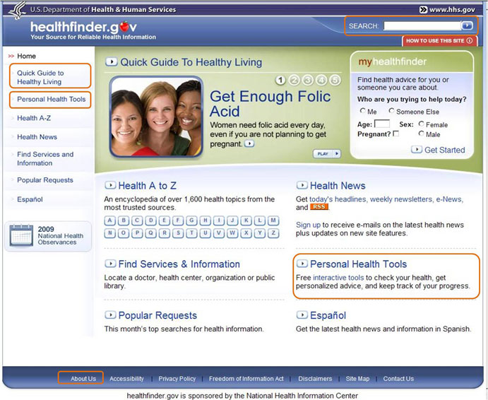 The healthfinder.gov home page with highlight outlining Quick Guide to Healthy Living, Personal Health Tools, and the About Us navigation links