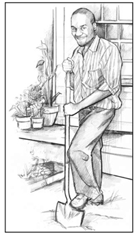 Drawing of a man working in a garden. He is standing with his left foot on the base of a shovel and digging in the dirt.