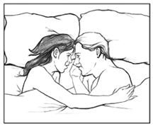 Drawing of a man and woman lying in bed and facing each other, with their foreheads touching. A blanket covers them from the armpits down.