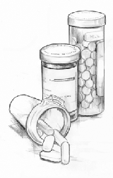 Drawing of two closed pill containers standing upright and one open pill container on its side with some pills spilling out.