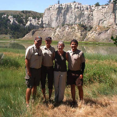 Assistant Secretary for Water and Science Anne Castle joins BLM river rangers for group photo during a tour of the Upper Missouri Wild and Scenic River on July 26. (From left, Mark Schaefer, BLM; Nichole Lister, BLM; Castle; and Aaron Conway, BLM.) Photo by BLM.