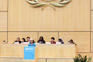 HHS Secretary Sebelius addresses the 65th World Health Assembly in the Palais Des Nations, Salle Des Assemblees. Credit: Photo by US Mission/Eric Bridiers.